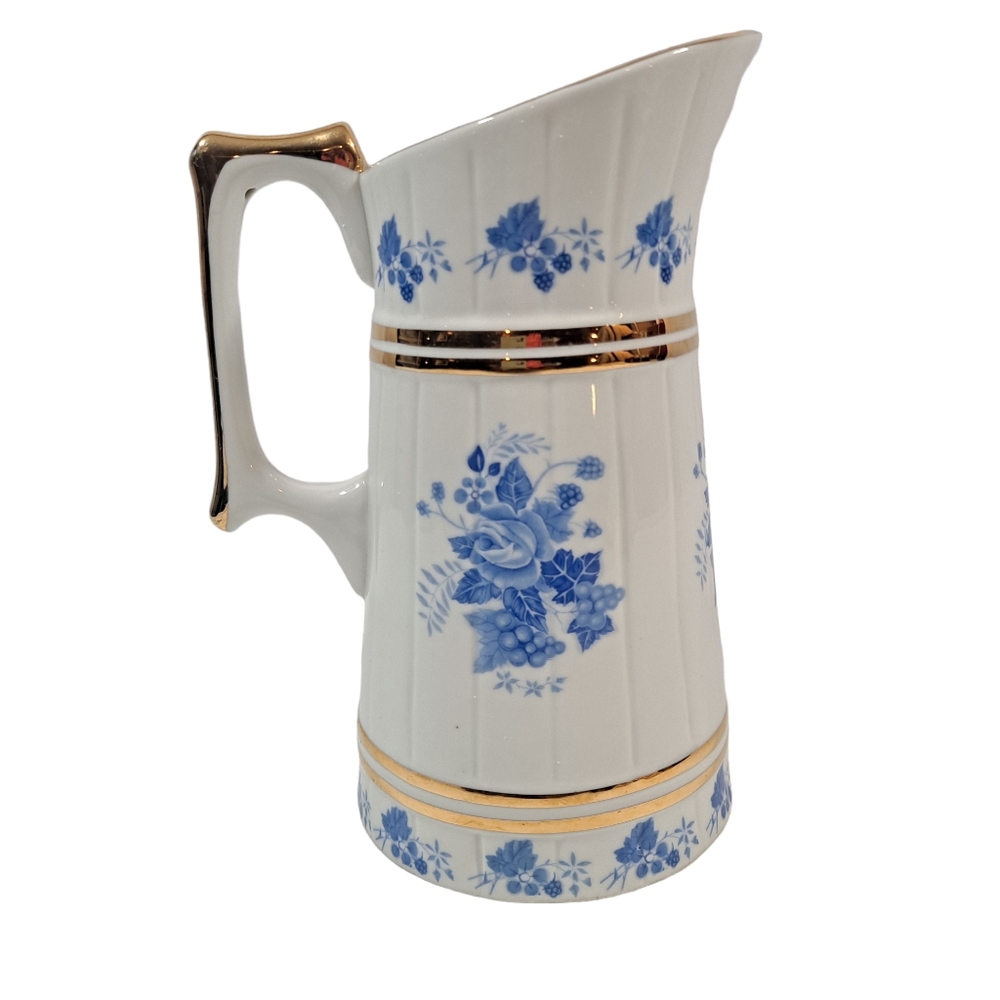 Polish Pottery Cmielow Pitcher Milk Creamer Blue Floral Gold Trim Porcelain
